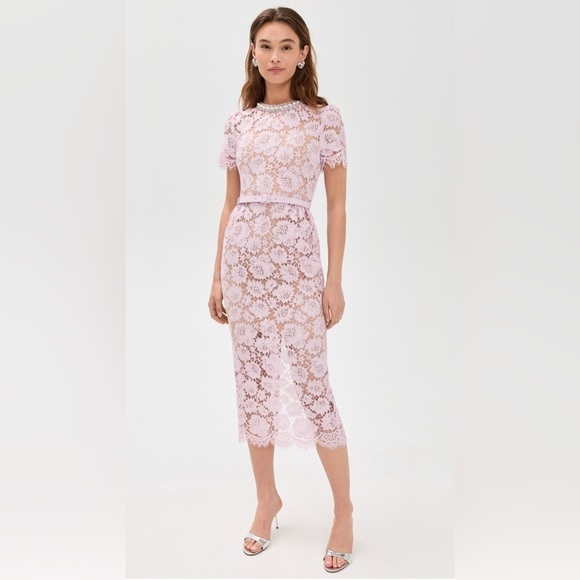 NEW Self-Portrait Fine Lace Pearl Midi Dress in Pink | UK 10 / US 6 - Picture 1 of 16